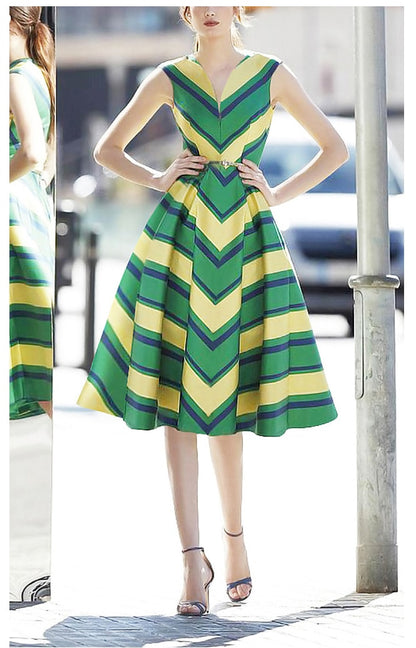 Tingfly Runway Designer Gestreepte Zomerse Mouwloze Retro Feestjurk