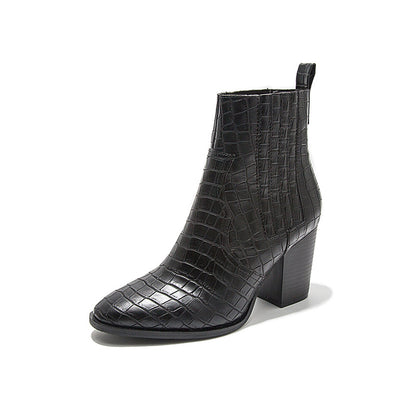 Autumn and Winter New Fashion Short Boots Thick Heels High Heels Crocodile Pattern Women's Leather Martin Boots