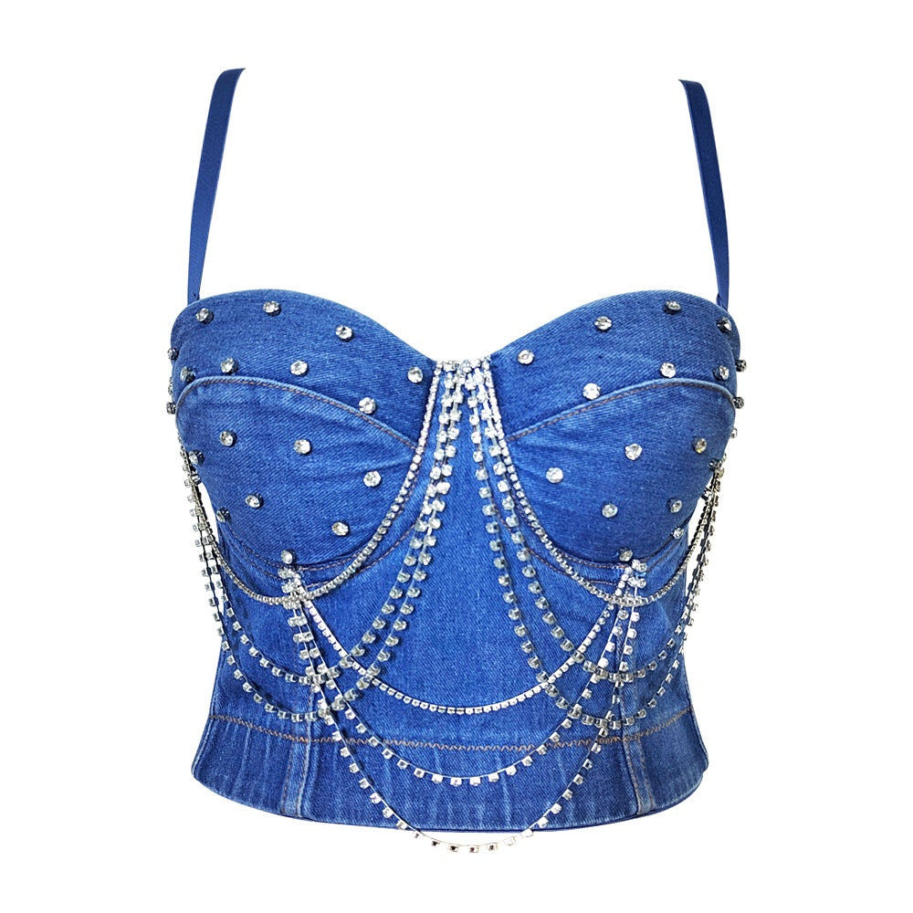 Fishbone Waistband Tube Top Rhinestone Chain Beaded Bustier Fashion Rock Denim Strap Outerwear Wrap Top
