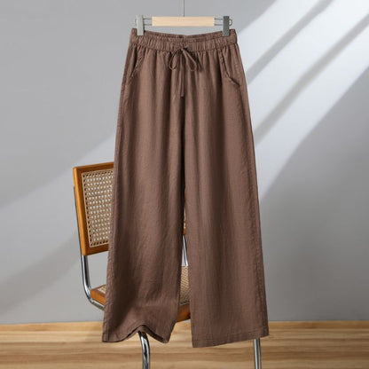Katoen-linnen broek met wijde pijpen en hoge taille voor dames
