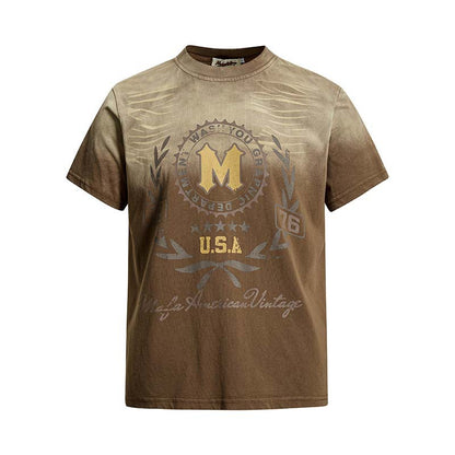 Wash and make old letter printed gradient short sleeves
