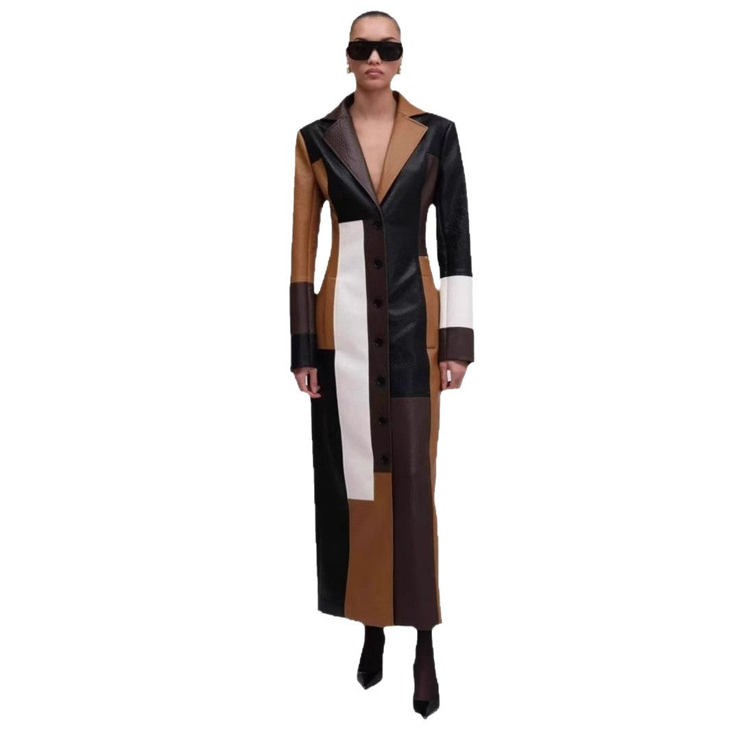 Lange PU-leren jurk met V-hals  kleurblokken voor dames geschikt voor de herfst en winter