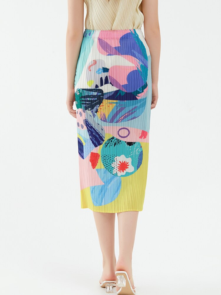 Geplooide designerrok met print en hoge taille