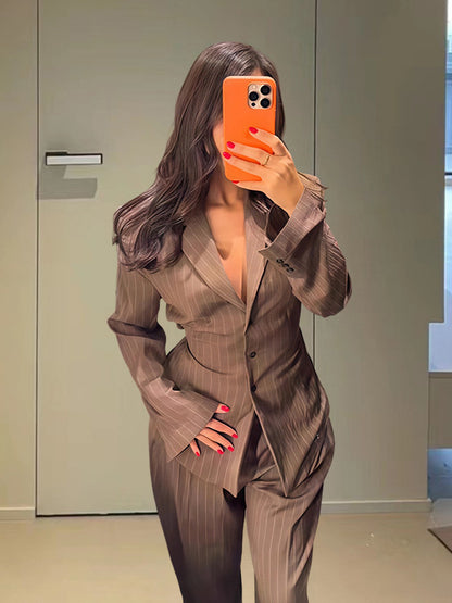 Striped Blazer and High-Waisted Pants Set