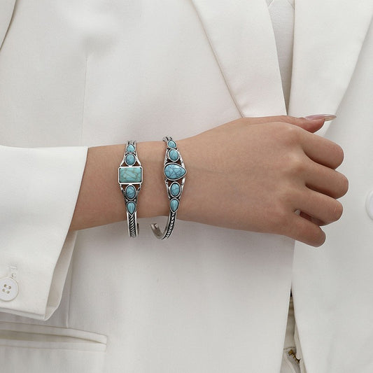 Bohemian Retro Turquoise Adjustable Cuff Bracelet Carved Hollow Geometric