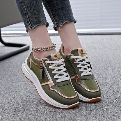 Women Colorblocked Round Toe PU Leather Flat Platform Casual Sneakers
