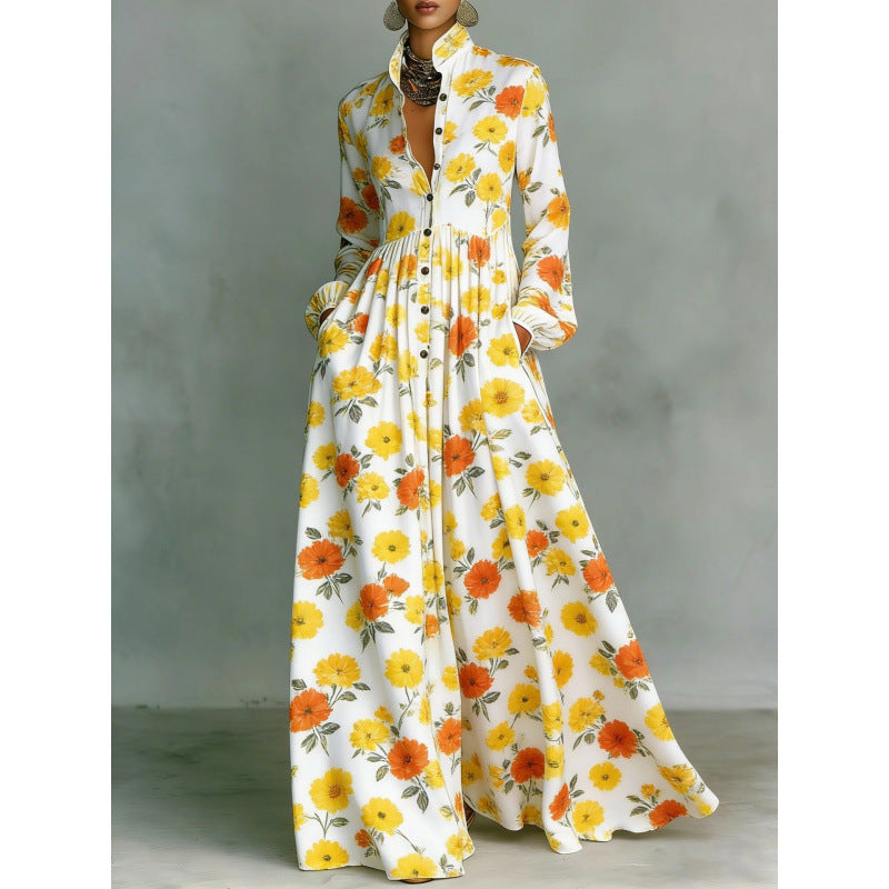 Elegant Waist-Cinching Floral Printed Long Sleeve Dress for Women