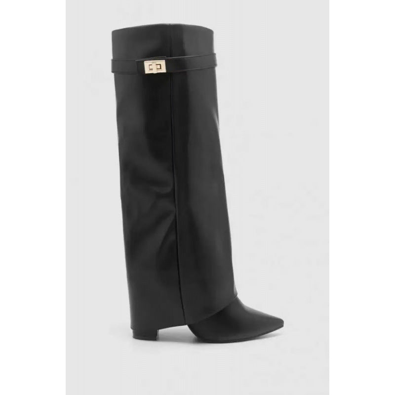 Metal Buckle Medium Long Boots Plus Size Thick Heel Pants Boots Women's Boots