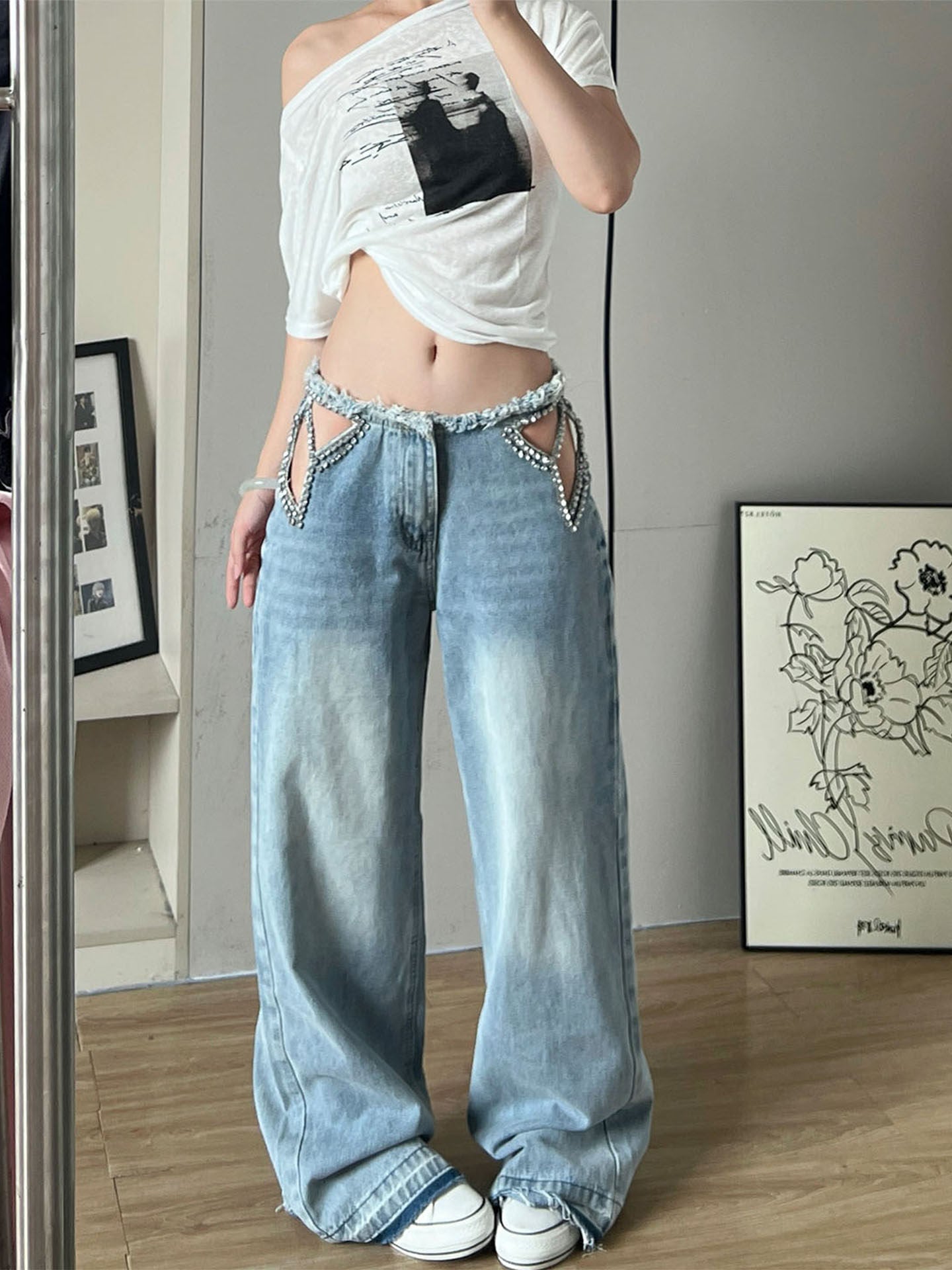 Star Hollow-Out Rhinestone Jeans Loose Wide-Leg Pants
