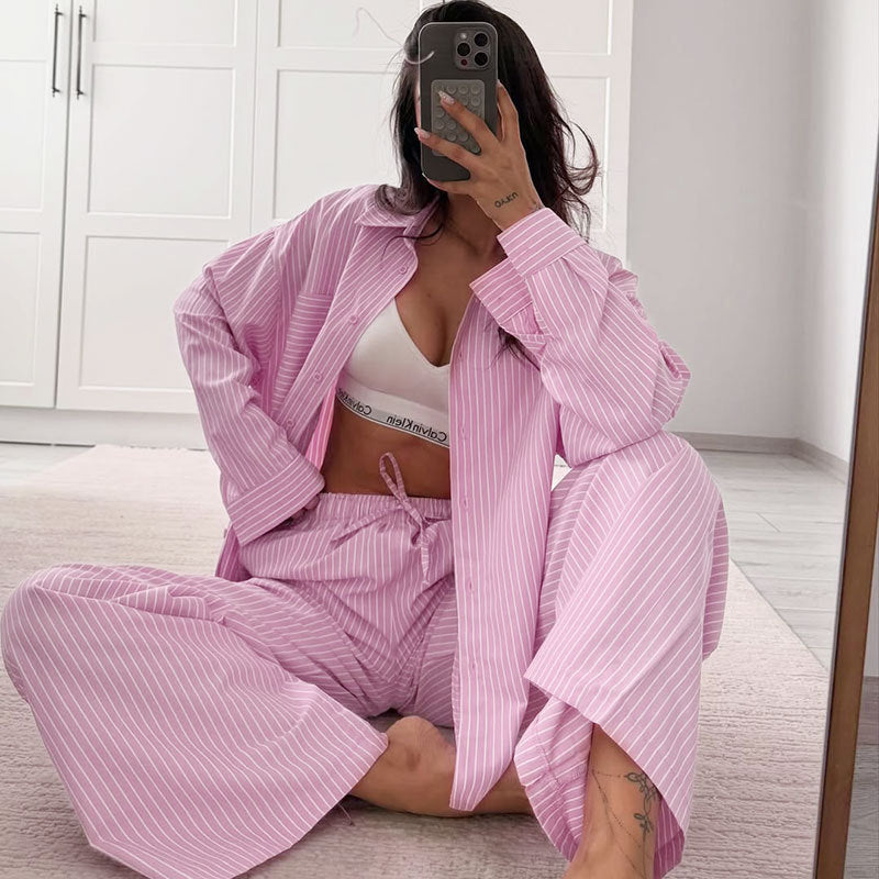 Dames casual gestreepte overhemd  met lange mouwen en  broek set