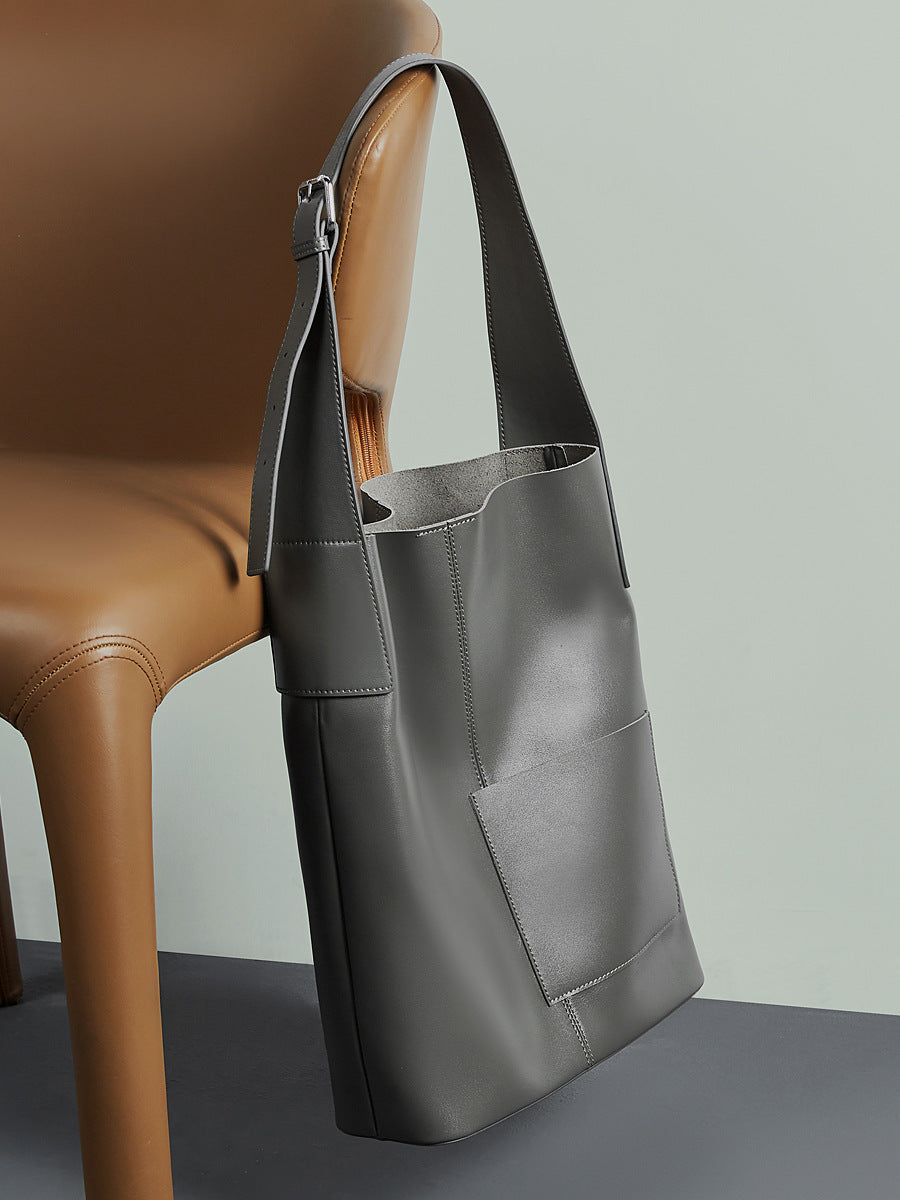 First-Layer Cowhide Large Capacity Bucket Bag Tote Shoulder Handbag
