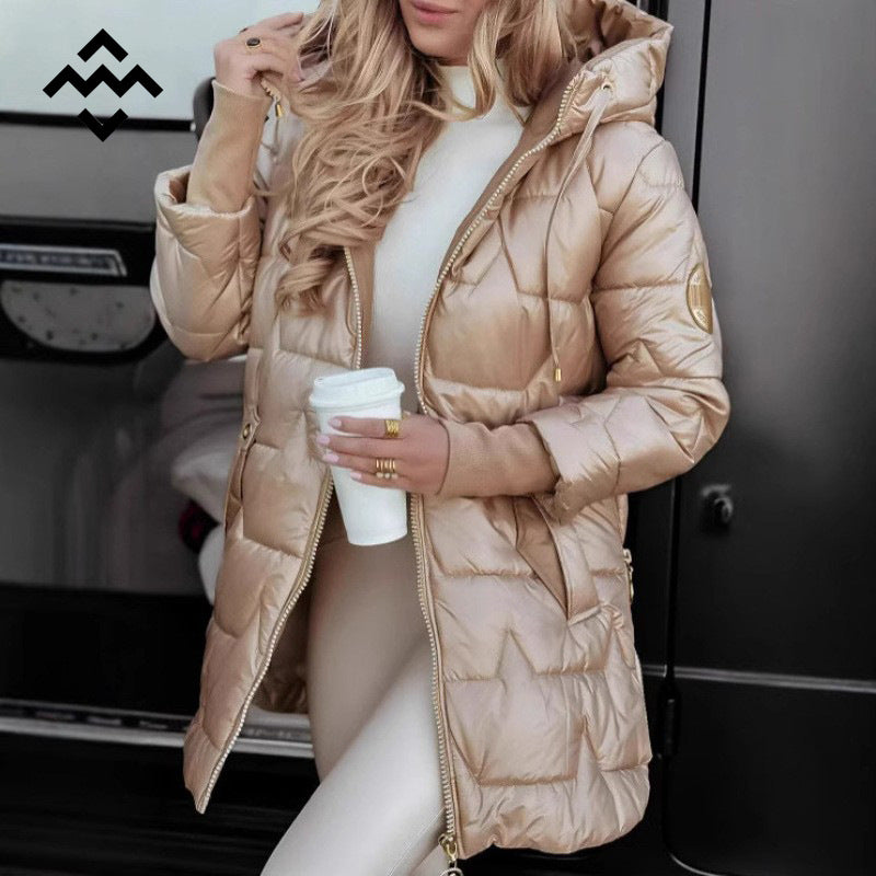 Women Hooded Mid-Length Cotton Jacket Solid Color