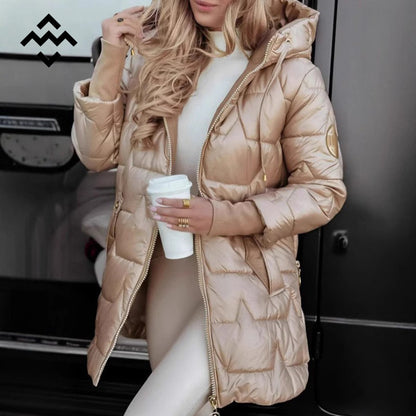 Women Hooded Mid-Length Cotton Jacket Solid Color