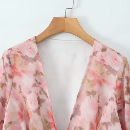 New Women's Fashionable Chic French Flared Sleeve Tie-Print Blouse