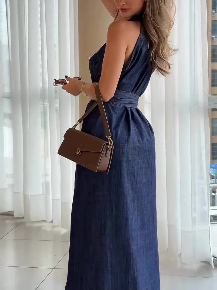 Mouwloze denim enkelrijs maxi-jurk met riem