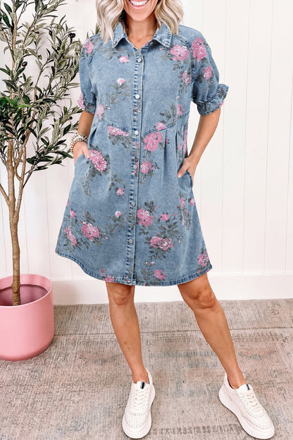 Denim jurk met bloemenprint korte ruchesmouwen zakken en knoopsluiting