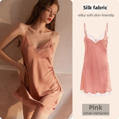 Lace Trim Ice Silk Womens Sleepwear Nightdress