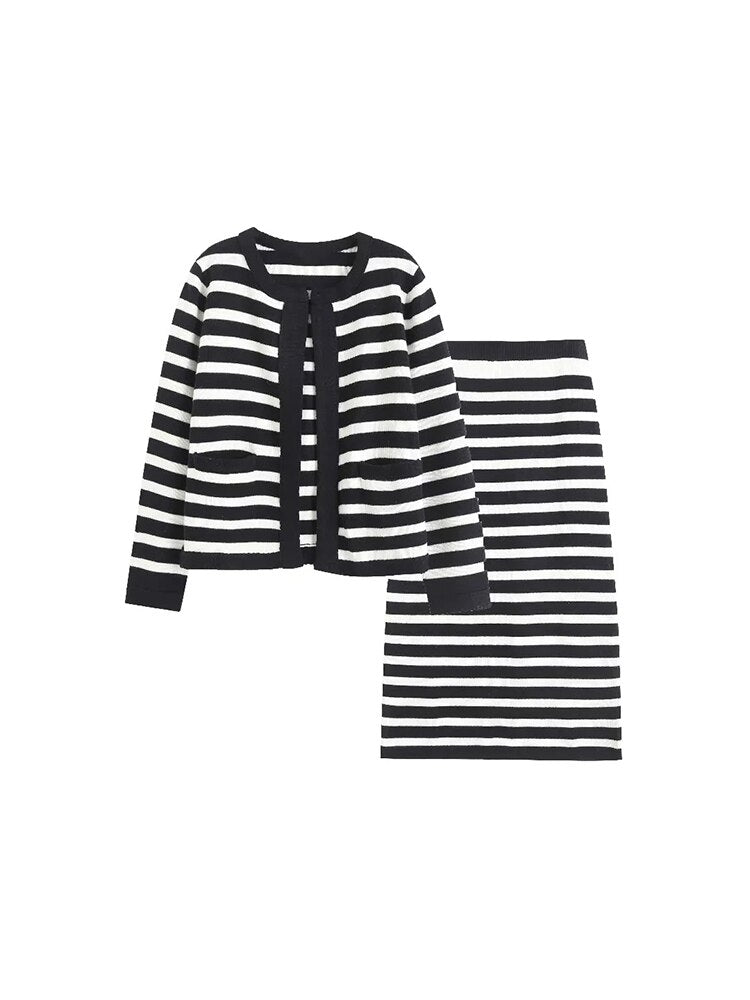 TRAF Women Skirt Sets Fashion Striped Knitted Cardigan Sweater+Mini Skirts Long Sleeve Casual Female clothing 2 pieces set