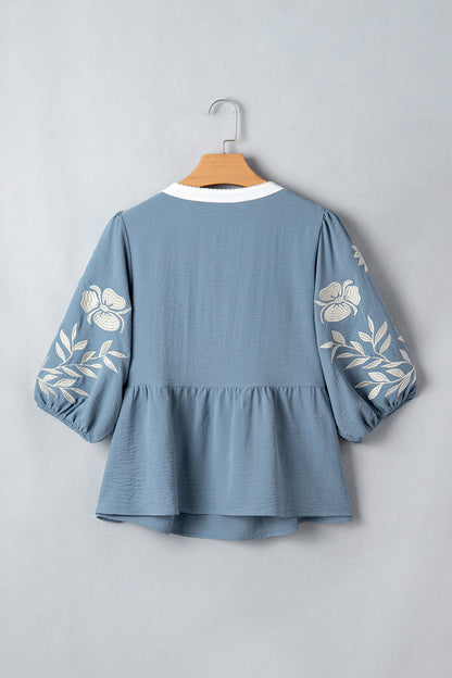 Babydoll blouse met kleurblokken patchwork V-hals en geborduurde pofmouwen