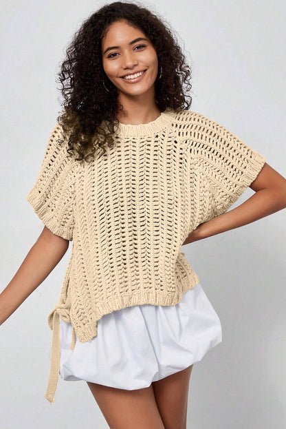 Plus size open gebreide trui met strik en korte mouwen