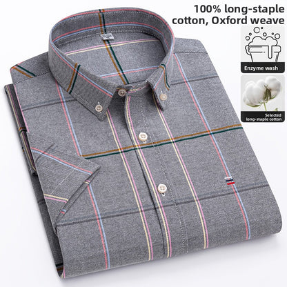 Men's 100% Cotton Plaid Short Sleeve Shirt Oxford Casual Square Collar
