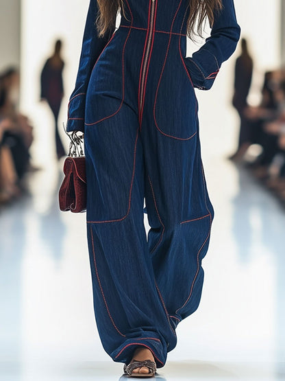 Womens V Neck Jumpsuit with Pockets