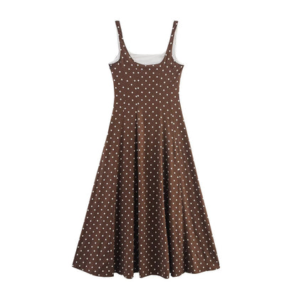 Versatile waist cinching polka dot suspender jumpsuit long skirt