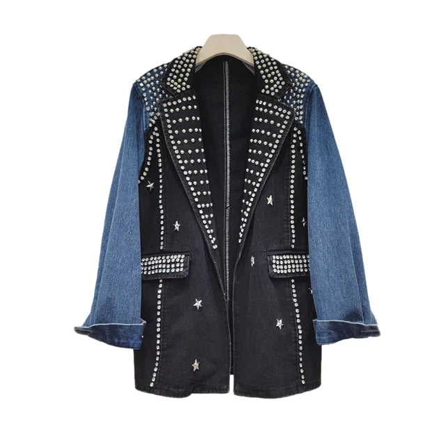 Mid Long Rivet Diamonds Denim Spliced Plaid Blazer Coat Women Autumn New Loose Vintage Black Jeans Patchwork Suit Jackets Female