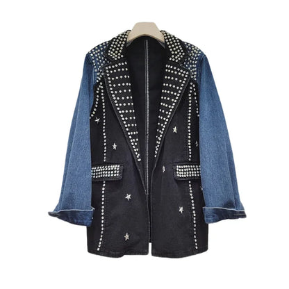 Mid Long Rivet Diamonds Denim Spliced Plaid Blazer Coat Women Autumn New Loose Vintage Black Jeans Patchwork Suit Jackets Female