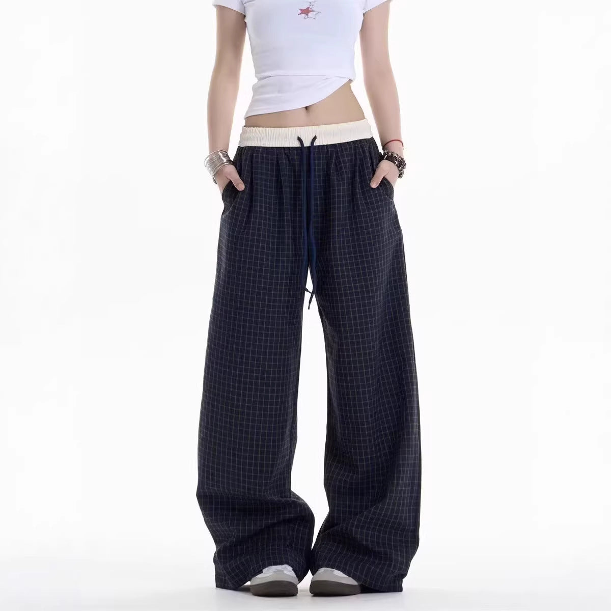 Navy Blue Checkered Casual Wide-Leg Pants