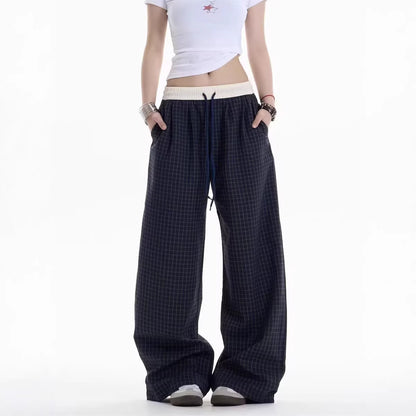 Navy Blue Checkered Casual Wide-Leg Pants