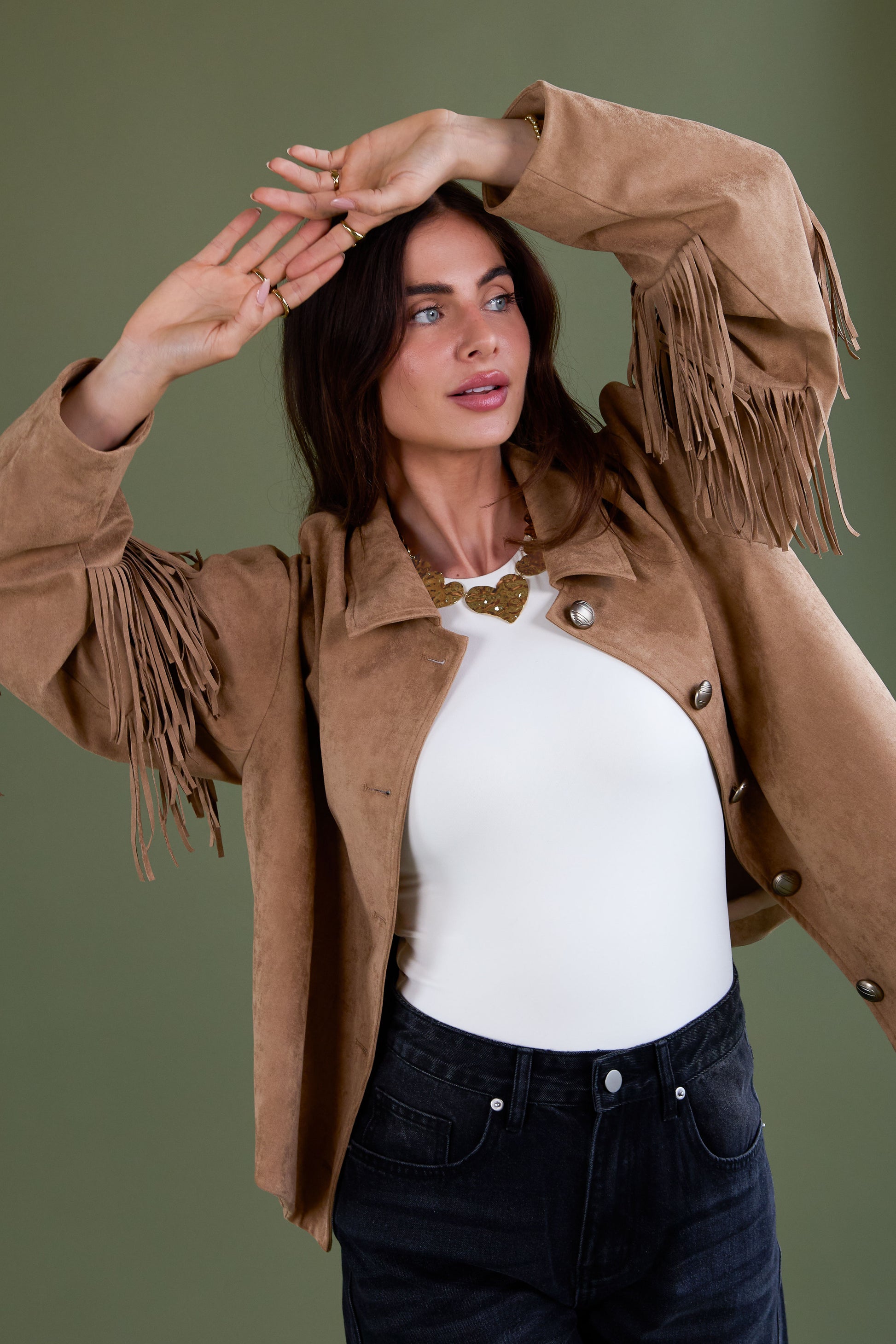 Suedelook jasje met franjes