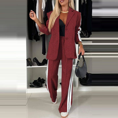 Damespak met strepen lange mouwen en revers casual set