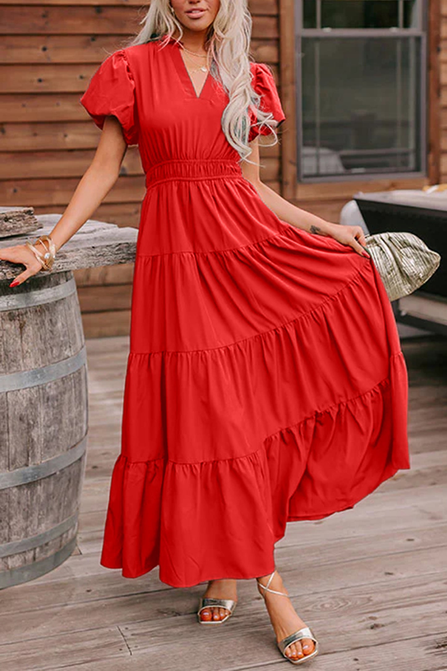 Effen maxi-jurk met V-hals korte pofmouwen en hoge taille