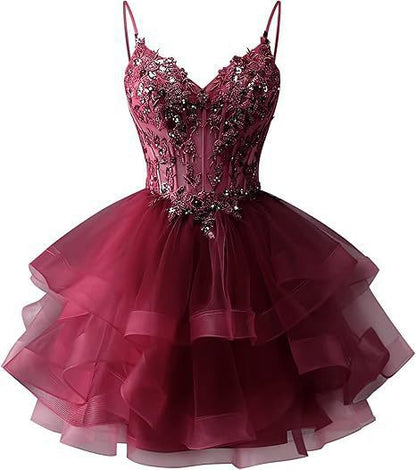 Spaghetti Strap Beaded Sequined Puffy Evening Dress