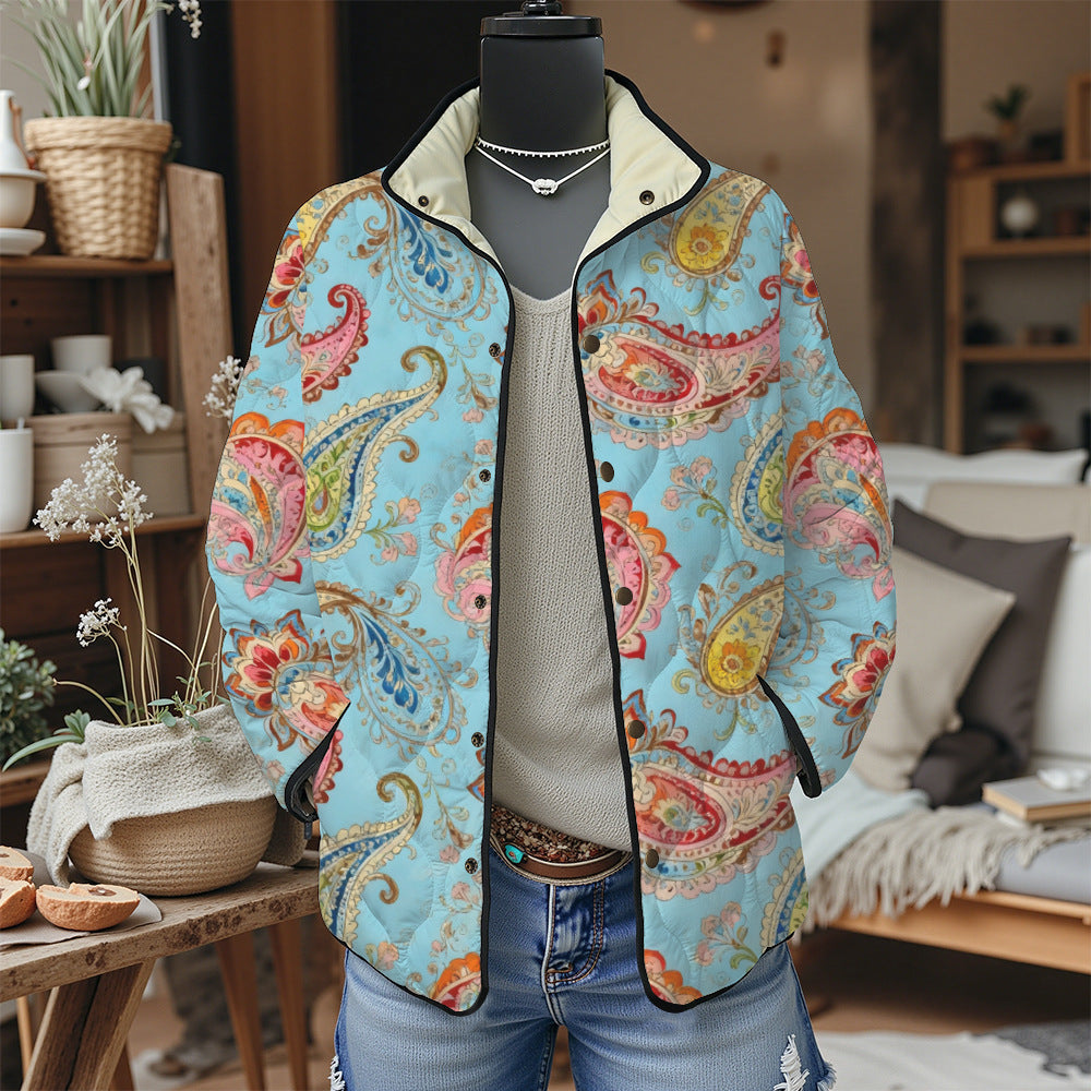 Women's Pleated Floral Digital Print Cotton Jacket Long Sleeve Stand Collar Outerwear