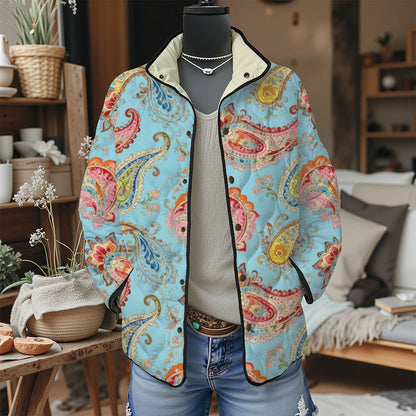 Women's Pleated Floral Digital Print Cotton Jacket Long Sleeve Stand Collar Outerwear