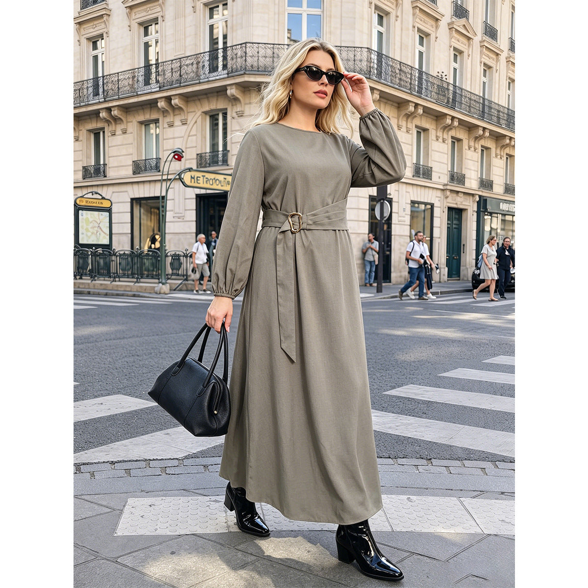 Elegant Solid Color Wrap Dress with Belt
