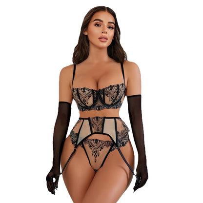 Floral Embroidery Patchwork Sheer Mesh Sexy Lingerie Set for Women