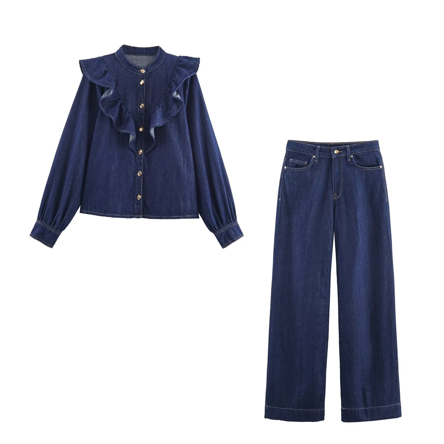 Layered Denim Decorated Shirt with High-Waisted Straight Leg Jeans for Women