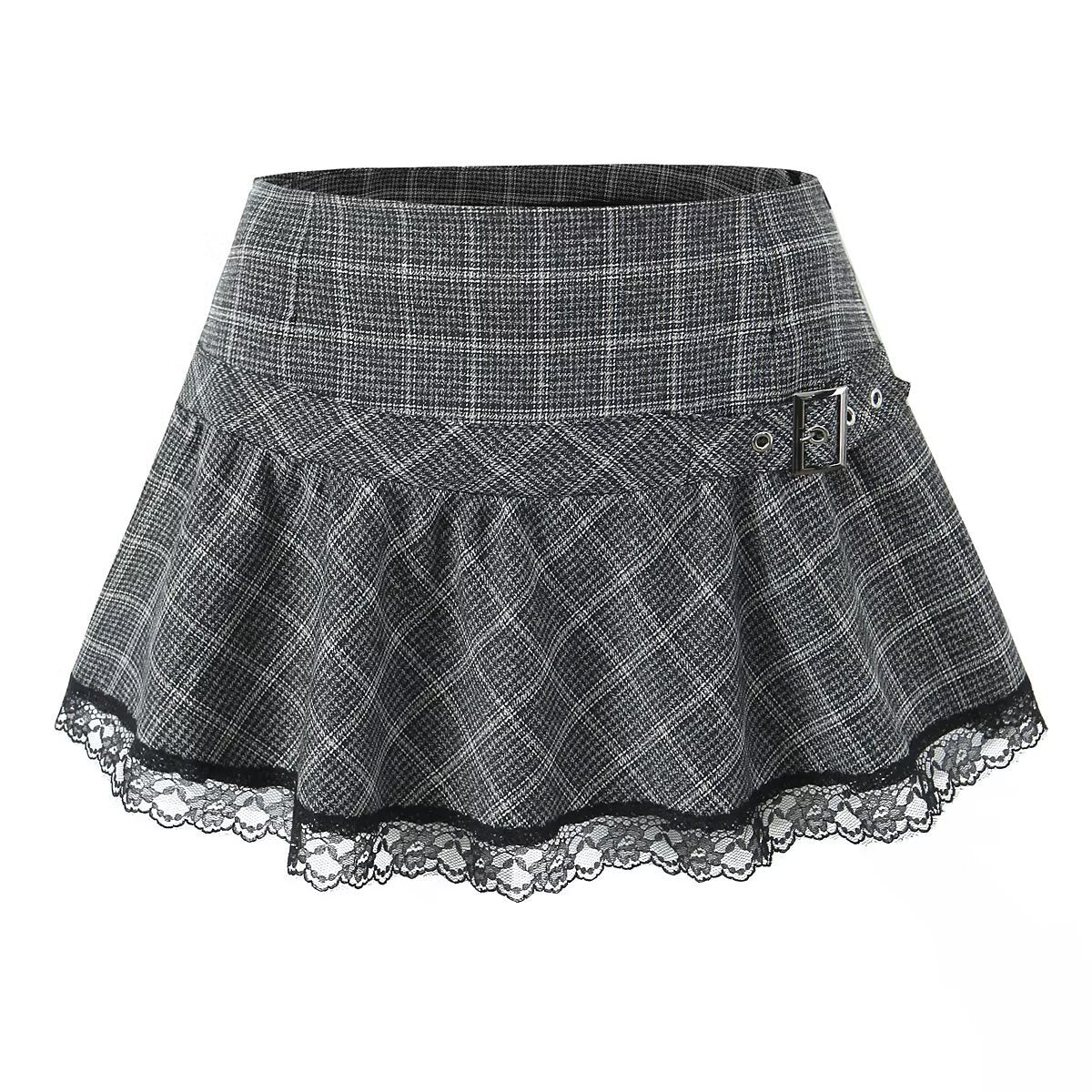 Lace neck top+plaid skirt