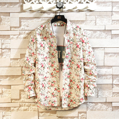 Cotton Men's Casual Multi-color Long-sleeve Floral Shirt