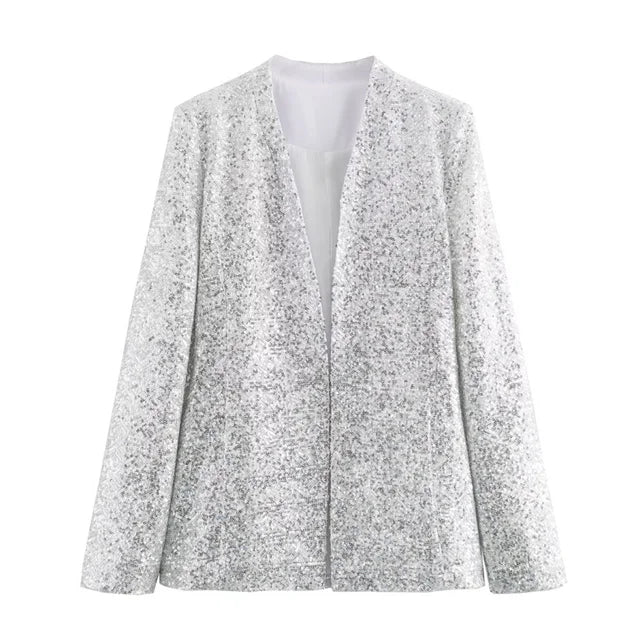 Summer New casual women's V-neck long sleeved sequined suit jacket casual high waisted shorts set