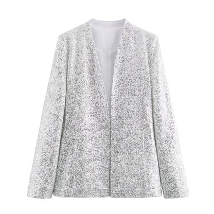 Summer New casual women's V-neck long sleeved sequined suit jacket casual high waisted shorts set