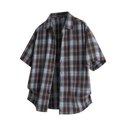 Men's Loose Trendy Short Sleeve Plaid Casual Shirt
