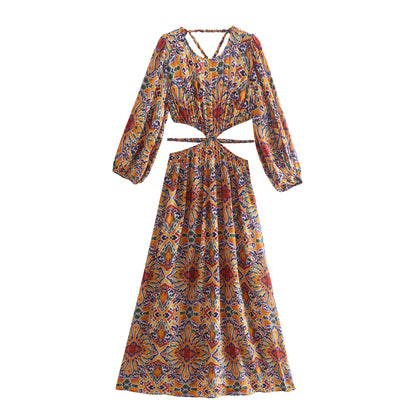 Summer New Cutout Print Puff Sleeves Open Back Long Dress