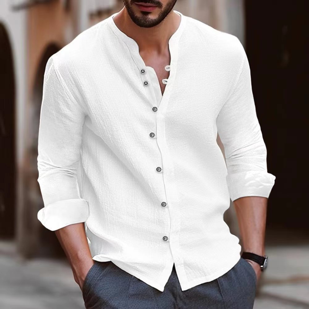 Men's retro cotton and linen casual loose long sleeved shirt