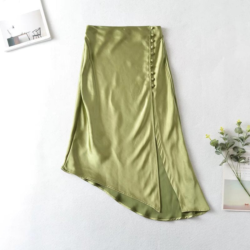 Summer New Two-Tone French Soft Satin Acetate Women's Skirt