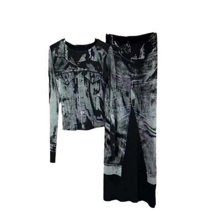 Spring New Collection Long Sleeve Print Shirt Distressed Bodycon Skirt Two Piece Set Women Tracksuits