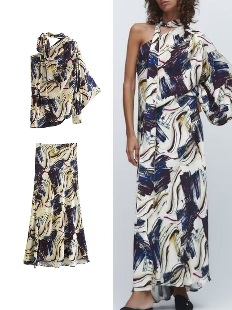 Women Elegant Skiet Sets Summer Fashion Asymmetrical One Shoulder Blouse+Mid-Calf Skirts Casual Street Outwear